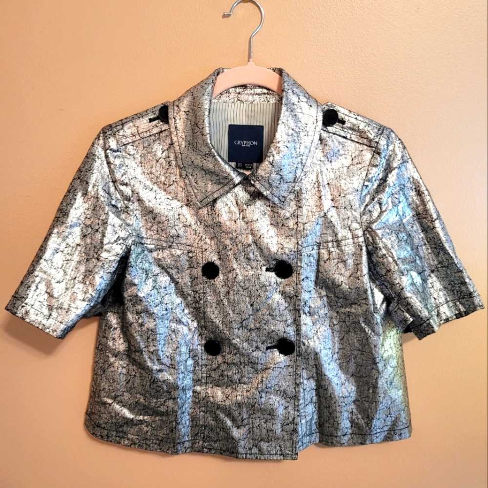 Gryphon New York XS Silver Foil Metallic Crop Jacket Blazer